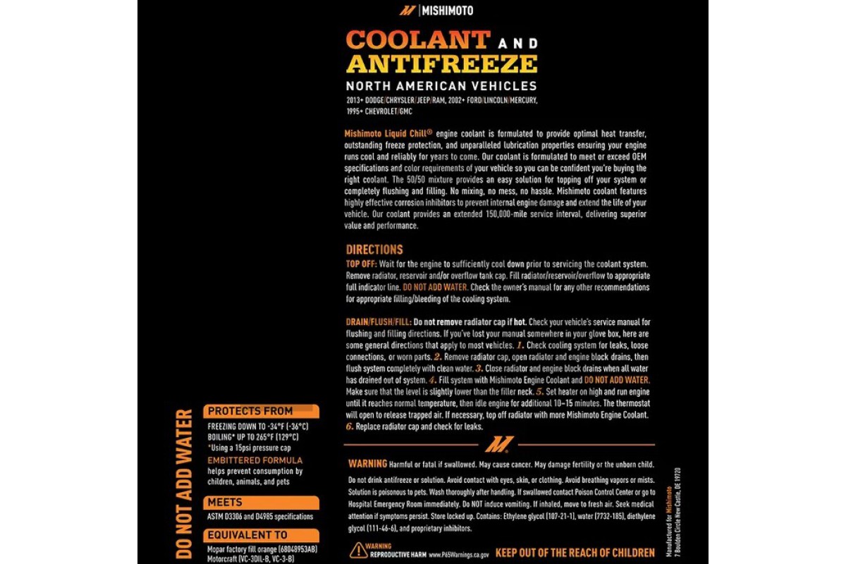 Mishimoto Chill Orange Coolant fluid for Chevrolet, Ford, Dodge & Jeep Mishimoto Chill Orange Coolant fluid for Chevrolet, Ford, Dodge & Jeep